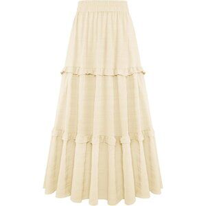 Women's Beige Casual Elegant A Line Flowy Ruffle Tiered Long Pockets Maxi Skirt